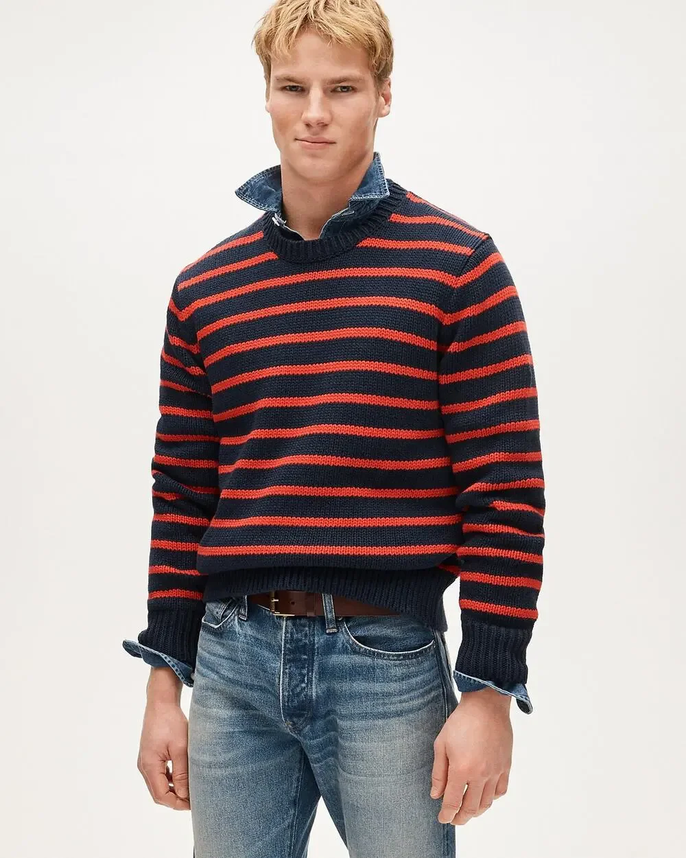 J.Crew Fisherman Knit Preppy Crewneck Darkest Indigo Navy Red Stripe Sweater L
